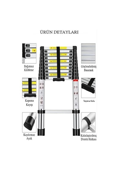 Teleskopik Merdiven 15 Basamaklı 625cm - 6,25 Mt 49 X 9,5 X 104 Cm Kapalı Konum