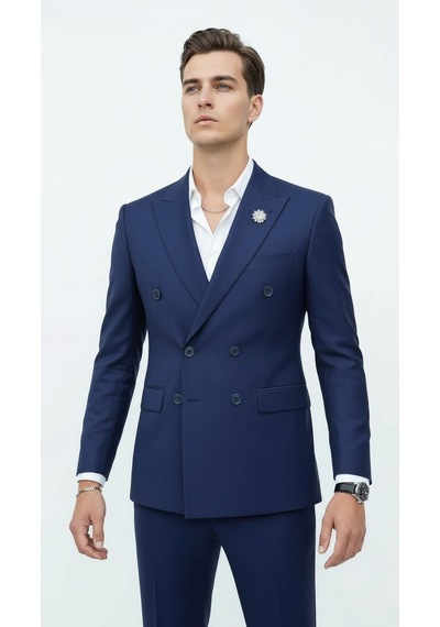 Plus Scorpion Gold Düğmeli Kruvaze Erkek Blazer Ceket Premium Kumaş, Slim Fit Şıklık Açık Lacivert