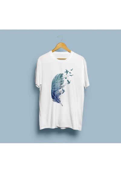 Oversize Kuş Tüyü Tasarım Unisex T-shirt Beyaz