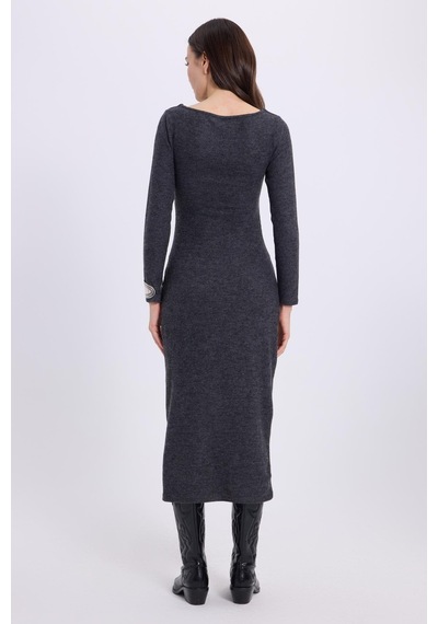 Tudors Kadın Slim Fit Dar Kesim Bisiklet Yaka Antrasit Elbise-41644 Antrasit