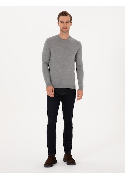 Cacharel Gri Slim Fit Kaşmir İpek Karışımlı Bisiklet Yaka Triko Kazak