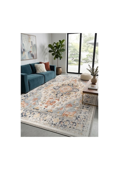 Modern Vintage Desenli Krem Salon Halısı Klasik Dekoratif Oturma Odası Halısı Krem