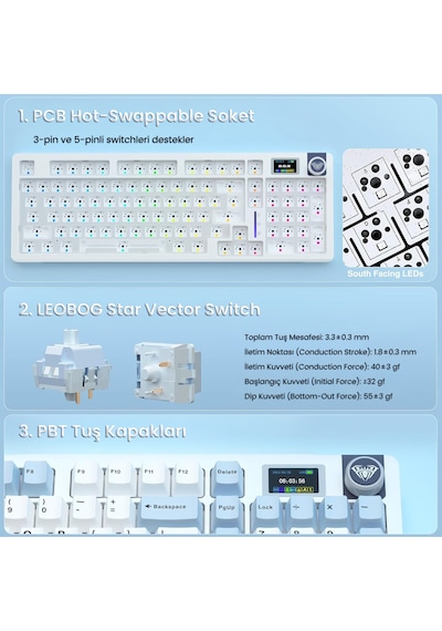 Aula S98 Pro 3 Modlu Rgb Hot Swap Mekanik Star Vector Switch Kablosuz Makrolu Klavye Lacivert