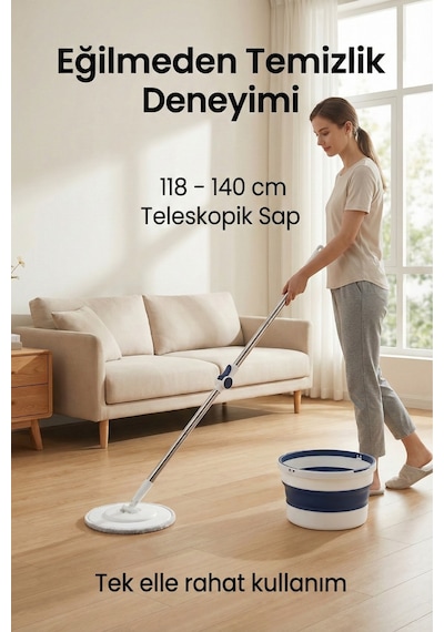 Katlanabilir Spin Mop Temizlik Seti 7l Kova, 360 Döner Başlık, Teleskopik Sap, Yer Tasarruflu Mop Seti