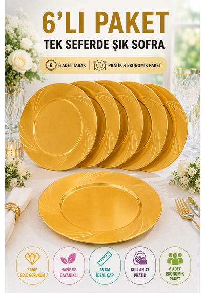 6'lı Gold Mika Plastik Tabak 23 Cm Kullan At Parti Davet Doğum Günü Nişan Söz Sunum Tabağı Seti