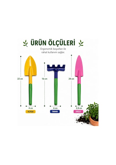 3 Lü Mini Bahçe Hobi Seti Kürek Tırmık Dikici Seti Kaktüs Sukulent Saksı Bitkileri İçin El Alet