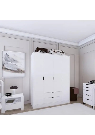 140 Cm Mat Beyaz 4 Kapılı 2 Çekmeceli Elbise Dolabı - Gardırop Beyaz 140 Cm Mat Beyaz 4 Kapılı 2 Çekmeceli Elbise Dolabı - Gardırop Beyaz