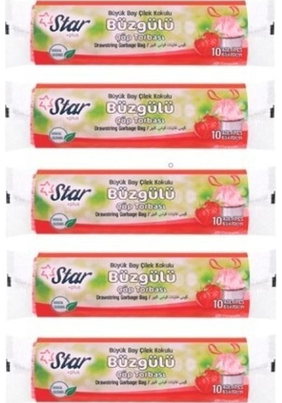 Büzgülü Çöp Torbası / Poşeti - Büyük Boy 65x70 - Çilek Kokulu - 5 Rulo 50' Li