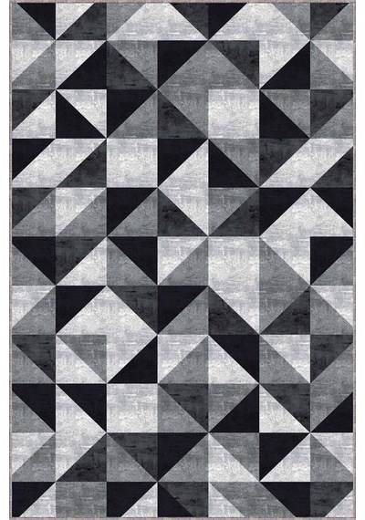 Siyah Geometrik Kaymaz Taban Makinede Yıkanabilir Halı Pr04n11