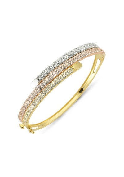 Sembolgold- Altın Kelepçe Triacolor Çift Kilit Sistemi Swarovski Taşlı