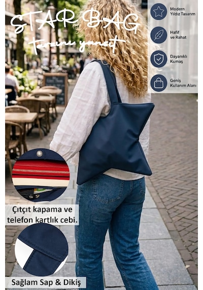 Tuttobene Star Bag Yıldız Çanta Çıtçıtlı İç Cepli Özel Tasarım Omuz Çantası Su Geçirmez Leke Tutmaz Tb052 Lacivert