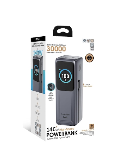 Ayrex Fulltech Fp34 140w Süper Hızlı Powerbank 30000mah Yüksek Kapasiteli Pd & Qc 3.0 Destekli Akıllı Ekranlı
