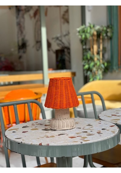 Turuncu Rattan & Bambu Masa Üstü Kablosuz Pilli Abajur Alt- Üst Rattan Masa Lambası