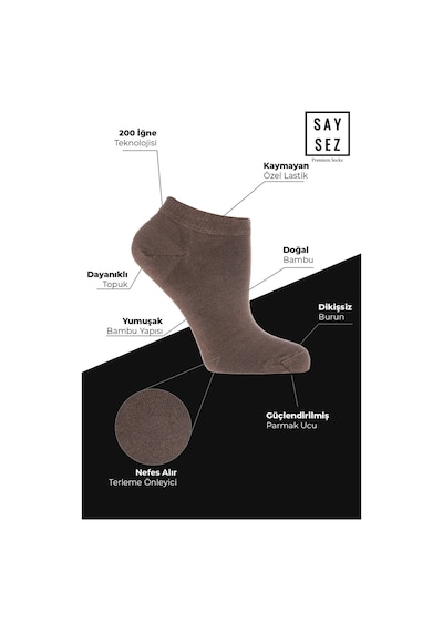 Saysez Bambu Kadın Patik Düz Kahverengi Çorap Dikişsiz Premium 3'lü Paket Renkli