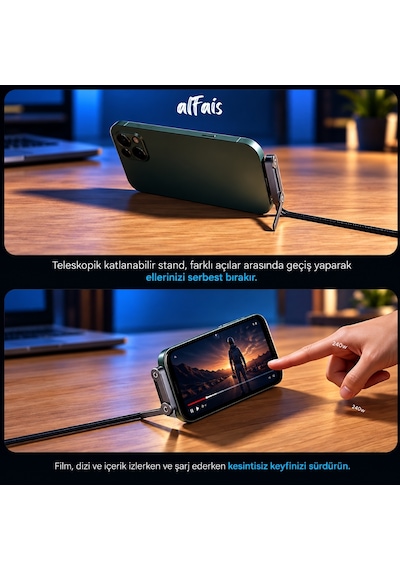 Alfais 6044 Usb Type C Şarj Data Kablosu Standlı Katlanabilir Örgülü Hızlı 240w 2 Metre