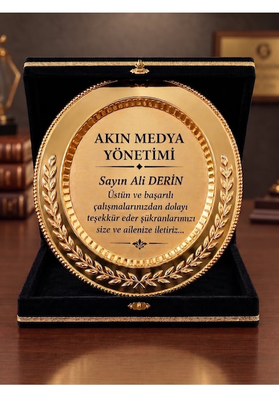 Kadife Kutulu Gold Metal Plaket Başak Zeytin Dalı Desenli Kamu Kurumlar İçin Tebrik Ödül Plaketi Siyah