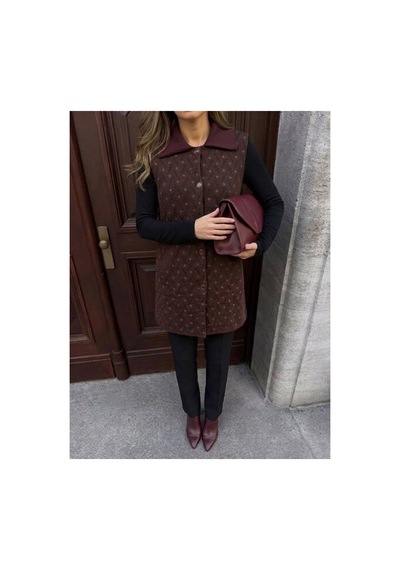 Onno Style Women Desenli Çelik Örgü Uzun Triko Kadın Yelek Kaban Bordo