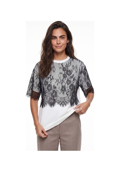 Onloox Kadın Siyah Beyaz Siyah Bisiklet Yaka Kısa Kollu Oversize Dantel Detaylı Basic T-shirt