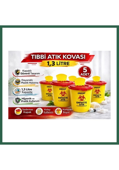 Bezos Atık Kovası 1,3 Litre 5 Adet Kapaklı Atık Kutusu Enfekte Atık Kovası Seti Bzs01