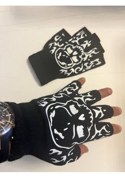Airbrush Tattoo İskelet Kuru Kafa Parmaksız Kesik Yarım Parmak Eldiven Model3 Siyah