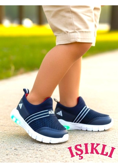 Ellaboni Kız / Erkek Çocuk Yumuşak Işıklı Spor Ayakkabı Nefes Alabilen Hafif Aqua Sneaker Lacivert Beyaz
