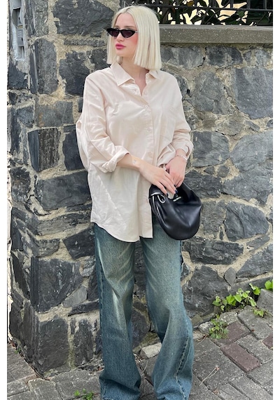 Madmext Bej Oversize Basic Cepli Poplin Gömlek Mg1530 Bej