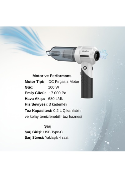 Dossimo Nitro X2 Kablosuz Araç İçi Süpürge Katlanabilir Çok Amaçlı Güçlü Vakum Çanta  Siyah Gri