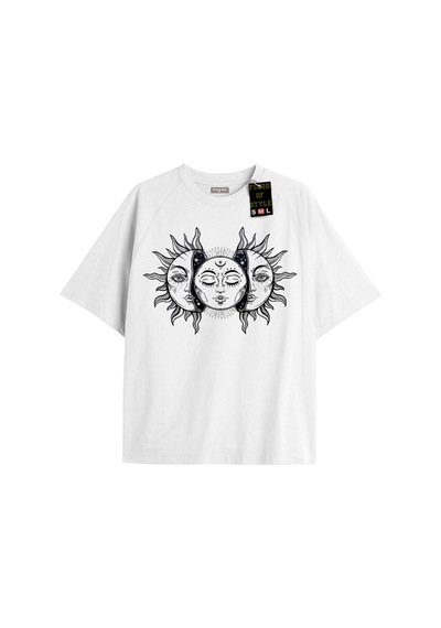 Flood Of Style Beyaz Oversize T-shirt Güneş Ay Özel Tasarım