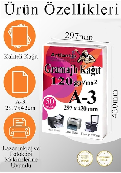 A3 Gramajlı Fotokopi Kağıdı 50 Adet 120 Gr Sertifika Kağıdı Kalın Kağıt Baskı Tüm Yazıcılara Uyumlu 29.7x42cm Ofis Büro