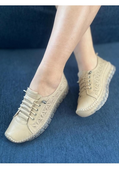 Bej Kadın Hakiki Deri Lastikli Ayarlanabilir Bağcıklı Rahat Taban Sneaker Miala 001