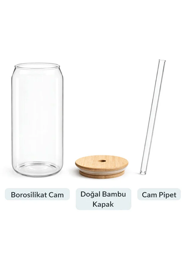 Pipetli Cam Bardak Bambu Kapaklı Soğuk Kahve, Bubble Tea, Limonata, Smoothie Ve Soda Bardağı 540 Ml Şeffaf