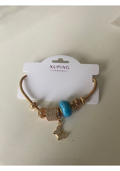 Uzel Xuping Gold Altın Renk Küp Taşlı, Mavi Boncuklu, Taşlı Kelebek Charmlı Çelik Bileklik Mavi