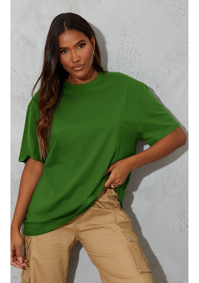 Düz Süprem T-shirt - Nefti Yeşil Oversize Bisiklet Yaka Kısa Kol Tişört Nefti Yeşil