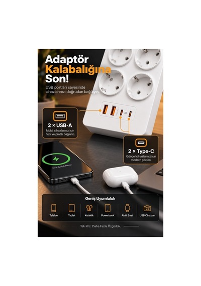 Robeve Fulltech 3680w 8 Li Akım Korumalı Uzatma Prizi - 2 Usb-a 2 Type-c, 2 Metre Kablo, Akıllı Koruma Sistemli Çoklu Priz Çoğaltıcı Grup Priz 8'li Priz 8'li Fiş Grup Fiş 2 M