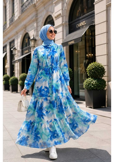 Hb Harma Time Butik Kadın Düğmeli Desenli Modal Kumaş Mavi Elbise Mavi Mavi