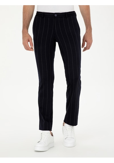 Cacharel Koyu Lacivert Slim Fit Yün Karışımlı Çizgili Pantolon