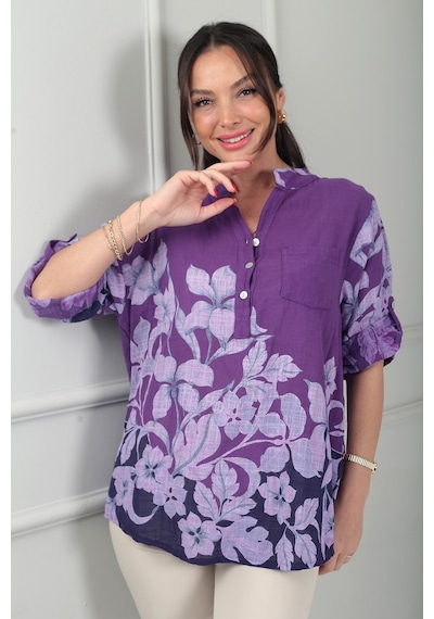 By Saygı Kadın Üç Düğme Detaylı Çiçek Desenli Tek Cepli İtalyan Cotton Oversize Bluz Mor