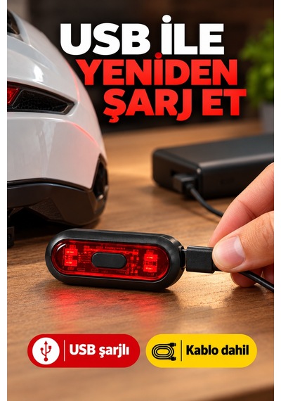 Usb Şarjlı Kırmızı Led Kask Işığı Açma Kapama Düğmeli Siyah Oval Kask Flaşörü Usb Kablolu 8,8x3,7 Cm