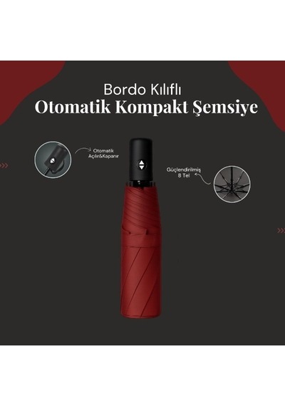 Terrien Delux Serisi Bordo Kılıflı Otomatik Kompakt Şemsiye Günlük Eşya Yağmur Koruması Araç Gereci Çok Renkli