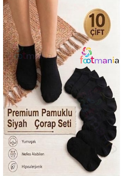 Footmania 10'lu Kadın Siyah Patik Bilek Çorap Pamuklu