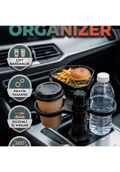 Çift Bardak Tutuculu Çok Amaçlı Araç İçi Organizer
