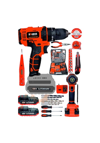 Böhrer Bh58s1 58v 5ah Darbeli Metal Şanzıman 32 Parça Full Set Dark Orange Çift Akülü Şarjlı Vidalama Matkap