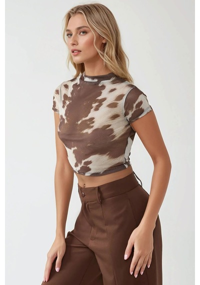 Hiccup Baskılı Slim Fit Bisiklet Yaka Crop Top Çok Renkli