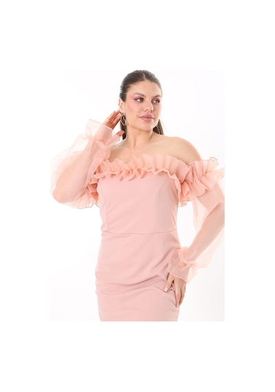 Şans Kadın Büyük Beden Somon Yaka Ve Kolları Organze Elbise 65n37740-somon Somon