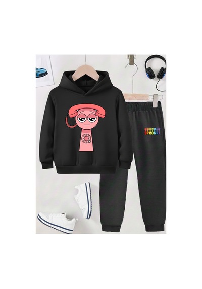 Stil-x Sprunkı Baskılı Çocuk Eşofman Takımı, Şardonlu Soft Kumaş, Unısex Siyah-5