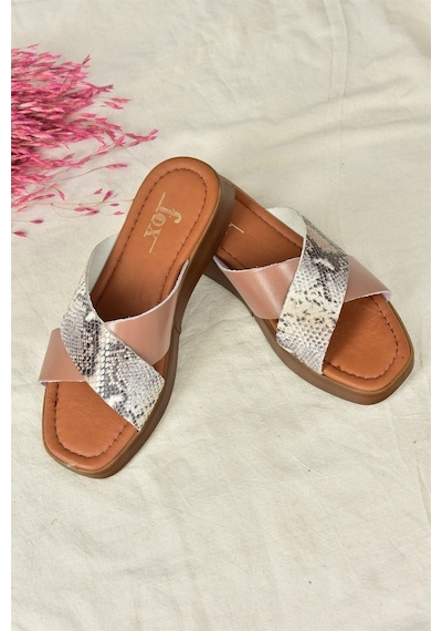 Fox Shoes Somon Hakiki Deri Çapraz Bantlı Kadın Terlik M291049903