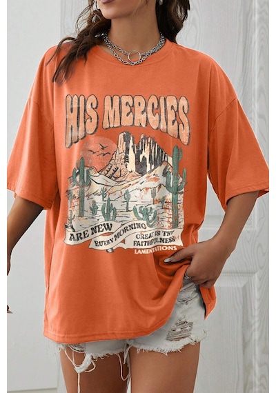 Unisex His Mercies Baskılı Oversize Tshirt Turuncu Siyah