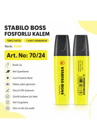 Boss Fosforlu Kalem 1 Adet Metin İşaretleme Kalemi Sarı