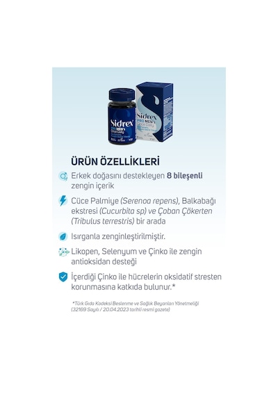 Sidrex Pro Men's Once Daily Cüce Palmiye Eki İçeren Takviye Edici Gıda 30 Tablet