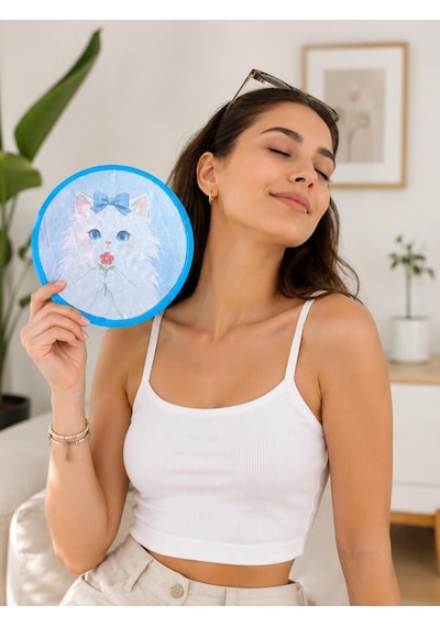 Katlanabilir Mini Yelpaze Kedi Desenli Taşınabilir Cep Yelpazesi, Çantalı Yazlık El Yelpazesi, Hafif Ve Pratik